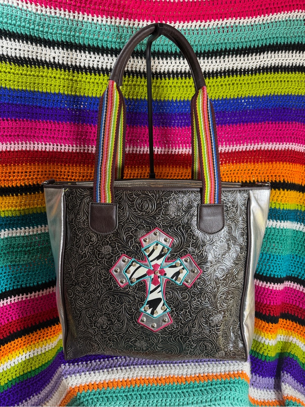 Consuela inspired tote Metallic Embossed Cross Tote Bag with Colorful Straps